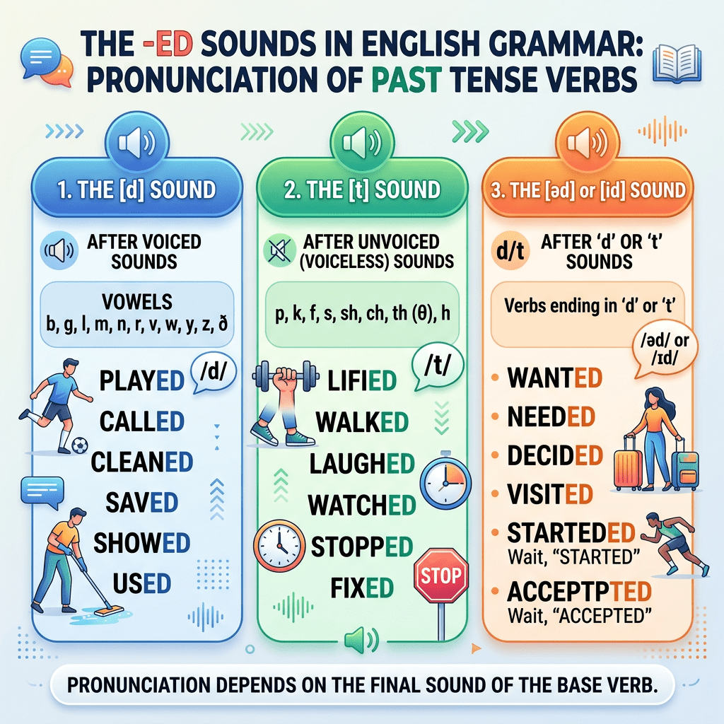 Chart explaining the three -ed pronunciation sounds for past tense verbs